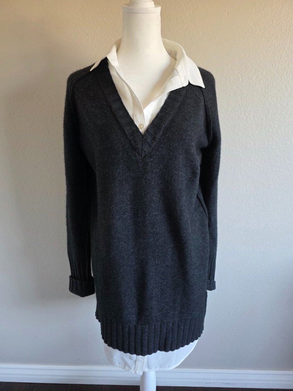 Brochu Walker Layered Look Wool Cashmere V-neck Sweater Charcoal Women's Size M